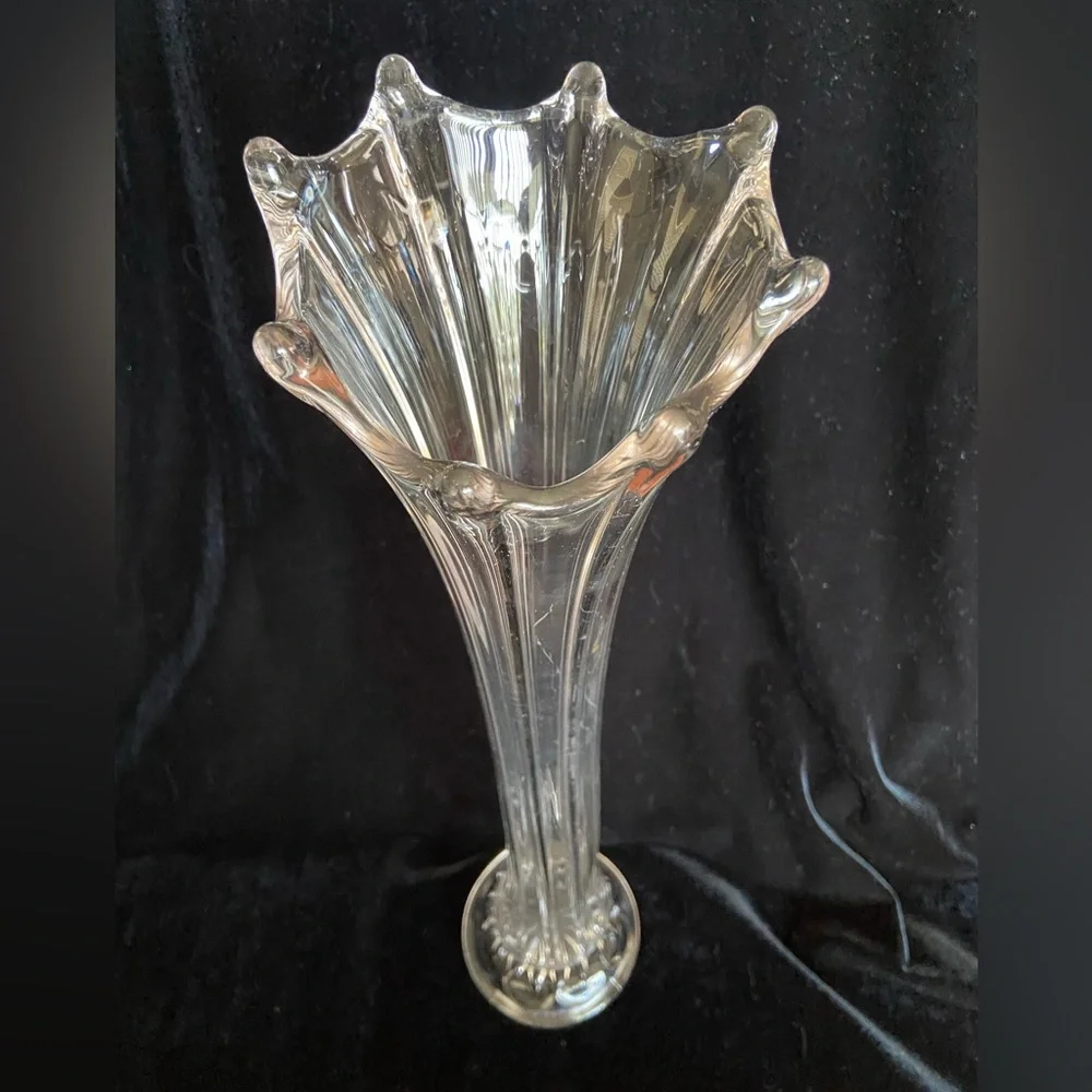 Vintage Clear Swung Tall Glass Vase 8 Finger 17” High